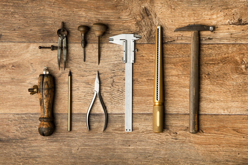Jewellery tools arranged on a work surface