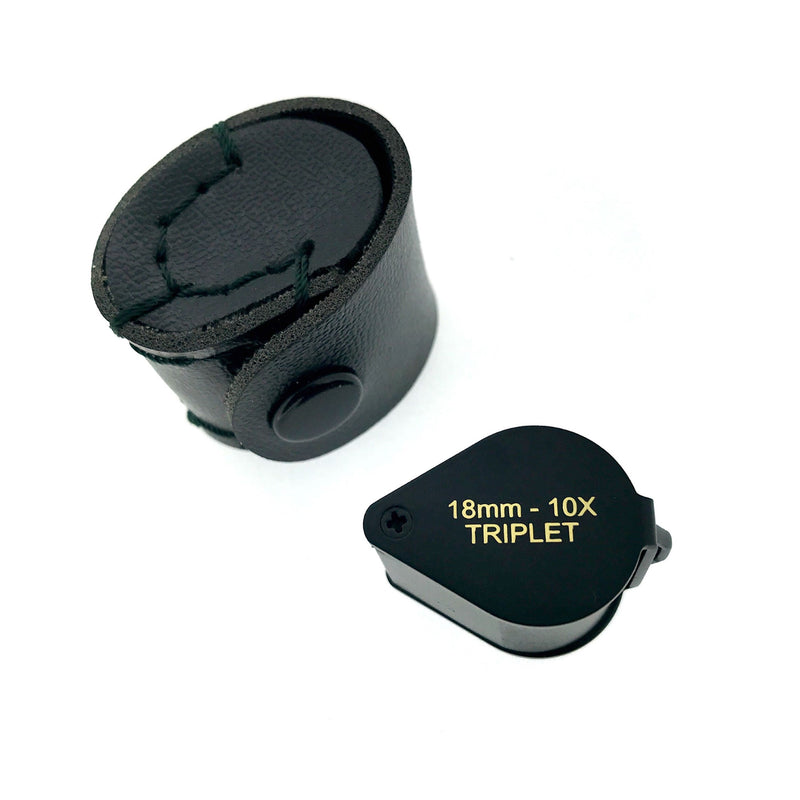 Black Jewellers Loupe with clear, distortion-free 18mm triplet lens and leather storage case