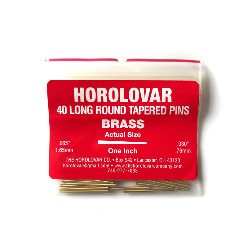 Pack of 40 Horolovar brass clock tapered pins, 25mm long and tapering from 1.65mm to 0.76mm in width