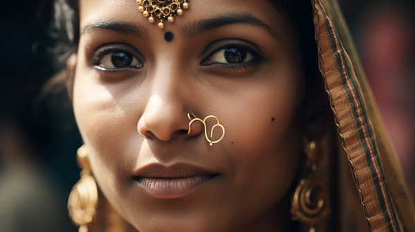 Close-up of an Indian woman wearing a gold nose ring