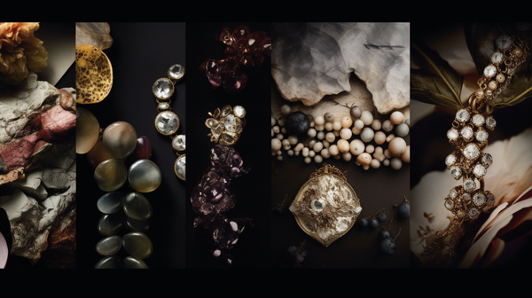 A selection of jewellery pieces, including a necklace with a polished agate pendant and a bracelet with carved wooden charms, showcasing the unique use of organic materials in their design
