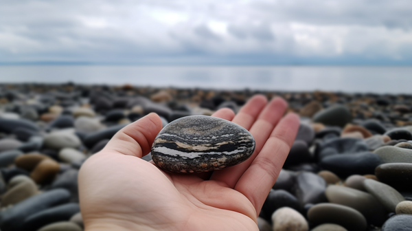 A hand holding a vibrant, tumble-polished pebble with a river or beach in the background.