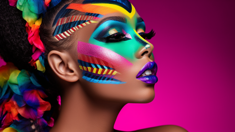 A vibrant image of a person with a colorful, bold makeup look that strays from conventional beauty standards