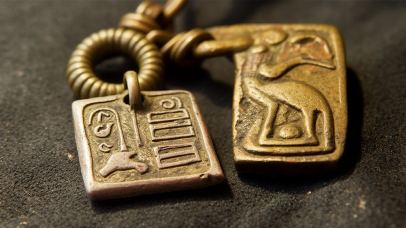 An ancient Egyptian amulet placed next to a Roman one.