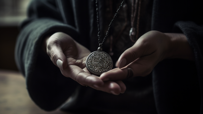 a close-up of a person wearing an amulet necklace, their hand gently touching it