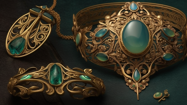 Art Nouveau jewelry placed on a vintage background to emphasize the time period