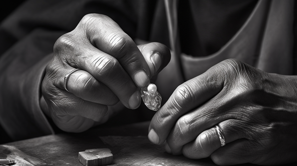 jeweler at work, focusing on their hands as they intricately craft a piece of jewelry