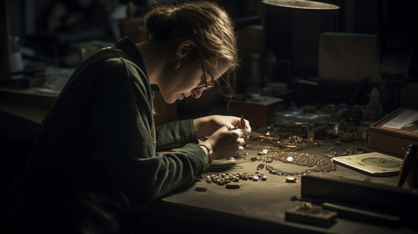 Close-up of jeweller's hands expertly crafting a piece with intricate details