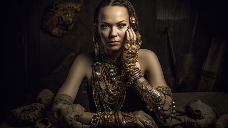 Individual powerfully posed in a natural setting, wearing a striking piece of jewellery crafted from animal parts, symbolizing human dominance over the animal kingdom.