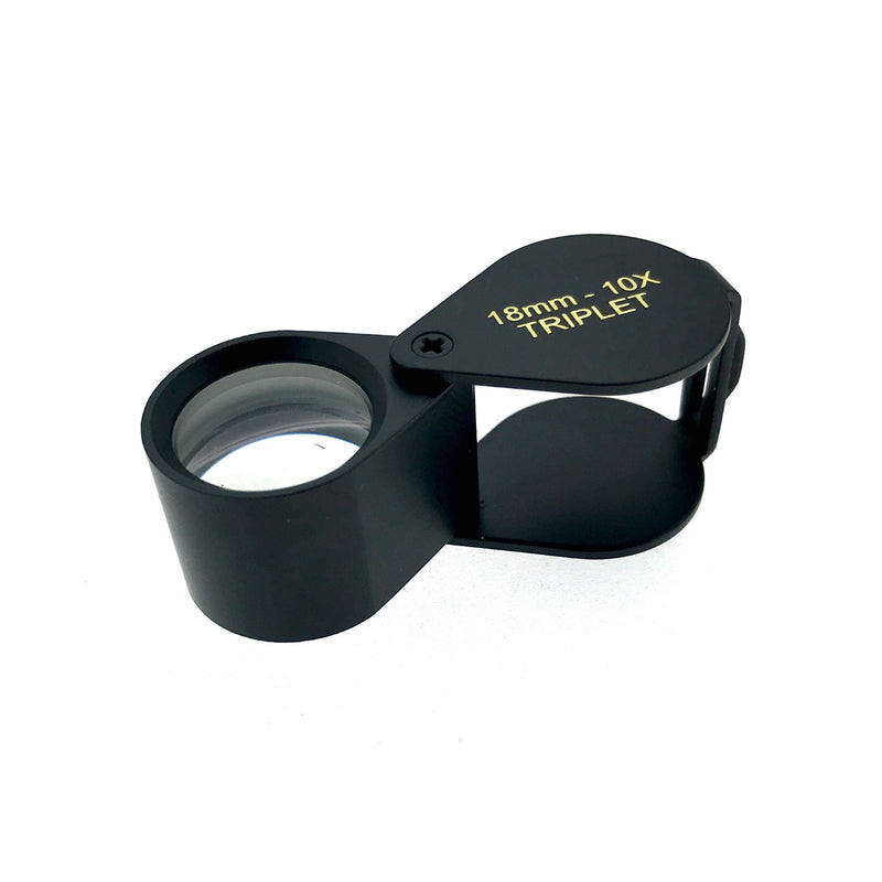 High-quality Black Jewellers Loupe with 18mm Triplet Lens in sturdy folding metal case