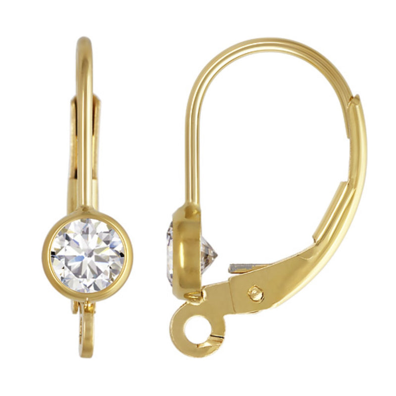18ct Gold Plated Continental Leverback Earrings with 4mm Bezel Set CZ Crystal and Dropper Ring for elegant drop earring designs