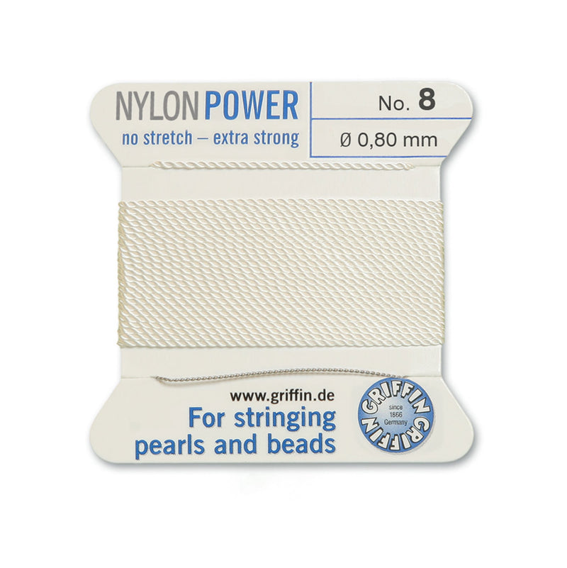 Griffin White Nylon Power Silky Thread No.7 0.75mm with beading needle for efficient bead and pearl stringing