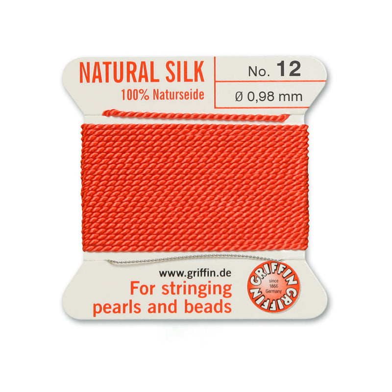 Griffin Coral Red Silk No.12 0.98mm cord for stringing pearls and beads on a white background