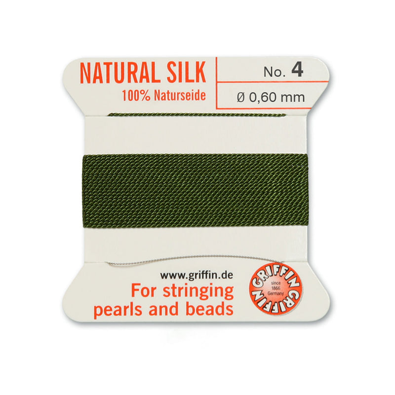 Griffin Olive Green Silk No.4 0.60mm Cord for professional beading and pearl stringing